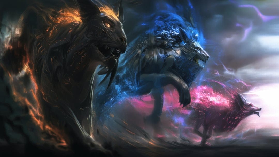 Three mystical beasts made of fire, ice, and pink light stand amidst swirling smoke and glowing embers.