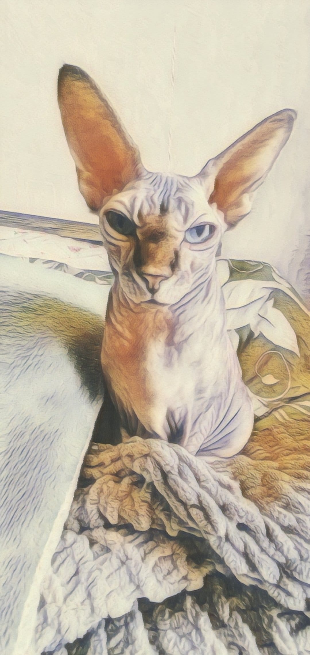 Sphynx cat with vivid blue eyes and large ears sits on a patterned bed with a soft painterly texture applied.