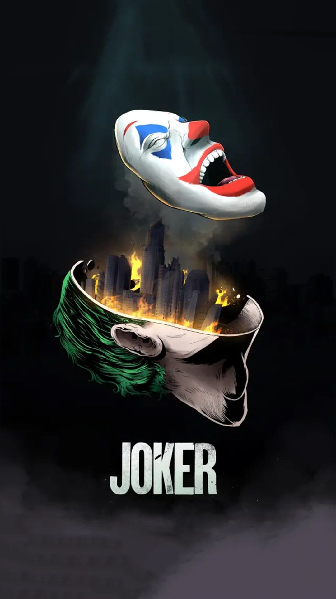 Joker mask floats above a shattered head containing a burning city with orange flames against a dark background.