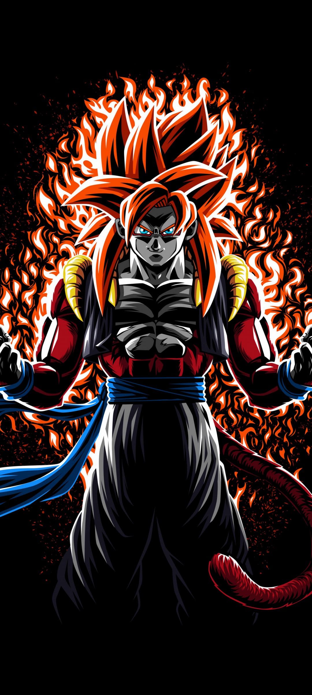 Gogeta in Super Saiyan 4 form with red fur and long black hair stands amidst a swirling orange fire aura.