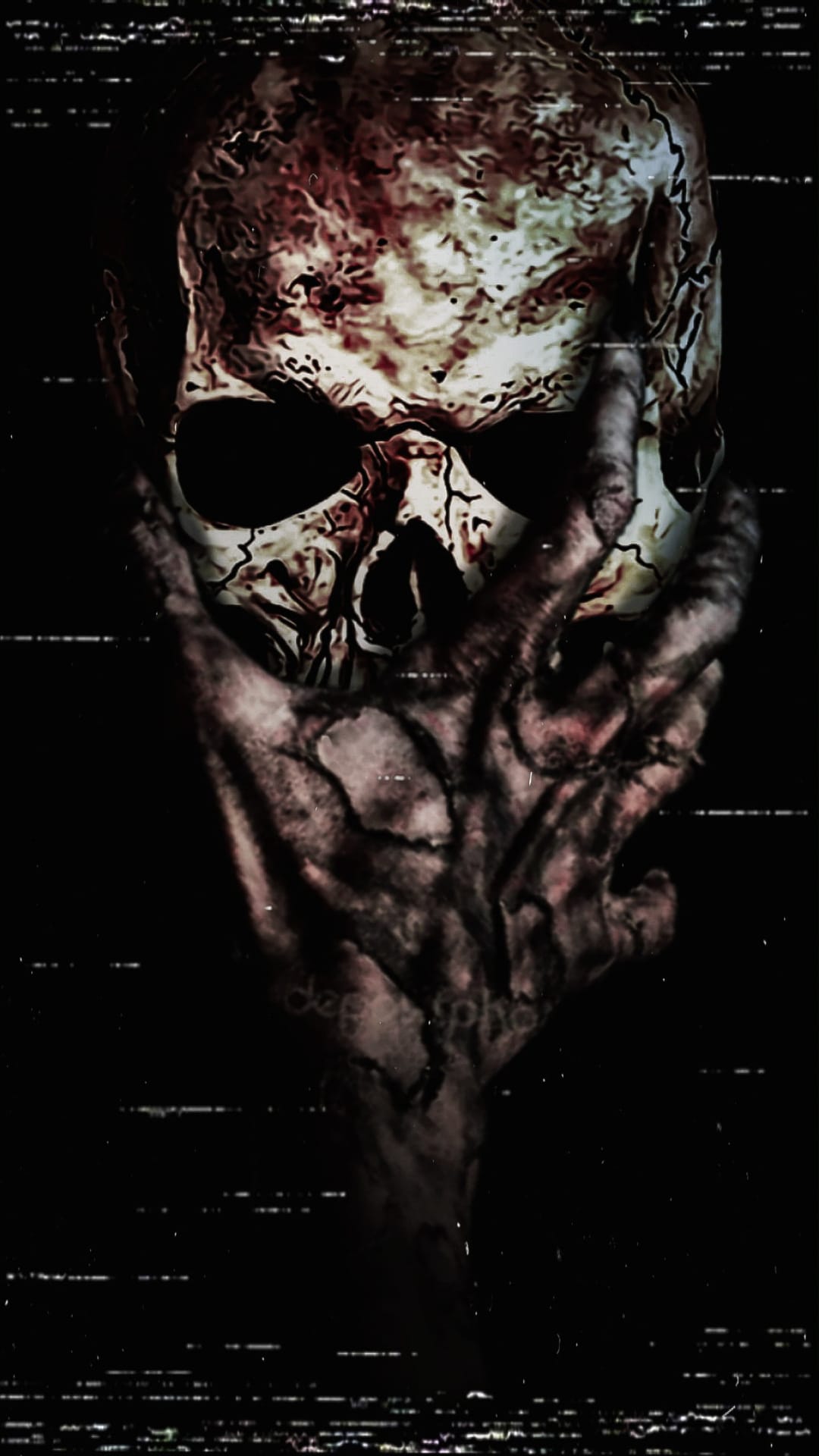 Decaying skull gripped by shadowy skeletal hands with grainy signal distortion and high-contrast dark textures.