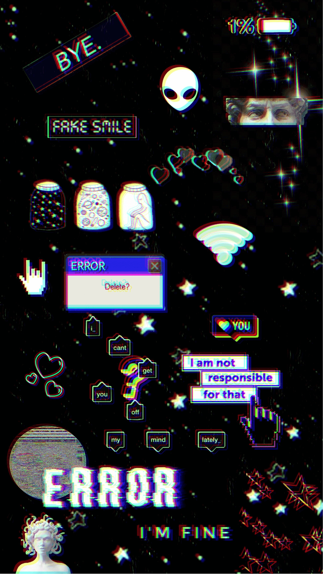 Vintage computer error boxes, classical statues, and alien heads appear amidst neon hearts and WiFi icons.
