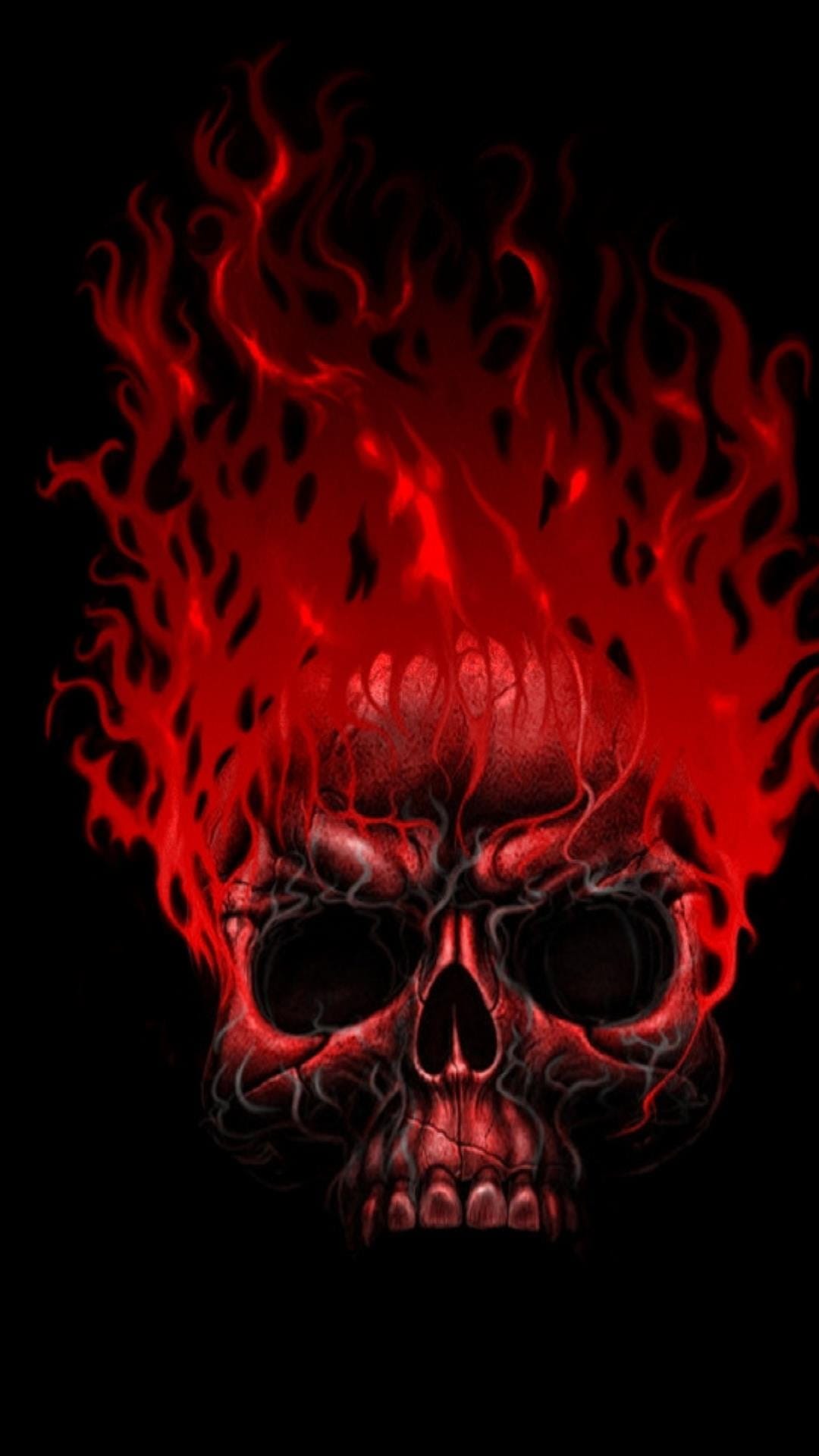 Human skull with deep cracks glowing with intense red fire and wispy embers against a solid black background.