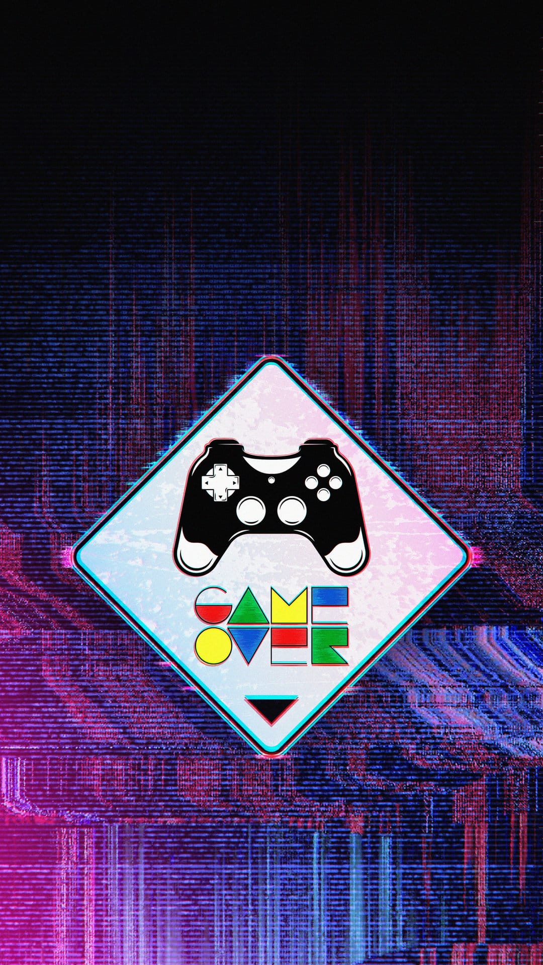 Retro game controller silhouette centered in a diamond frame with neon glitch effects and Game Over text.
