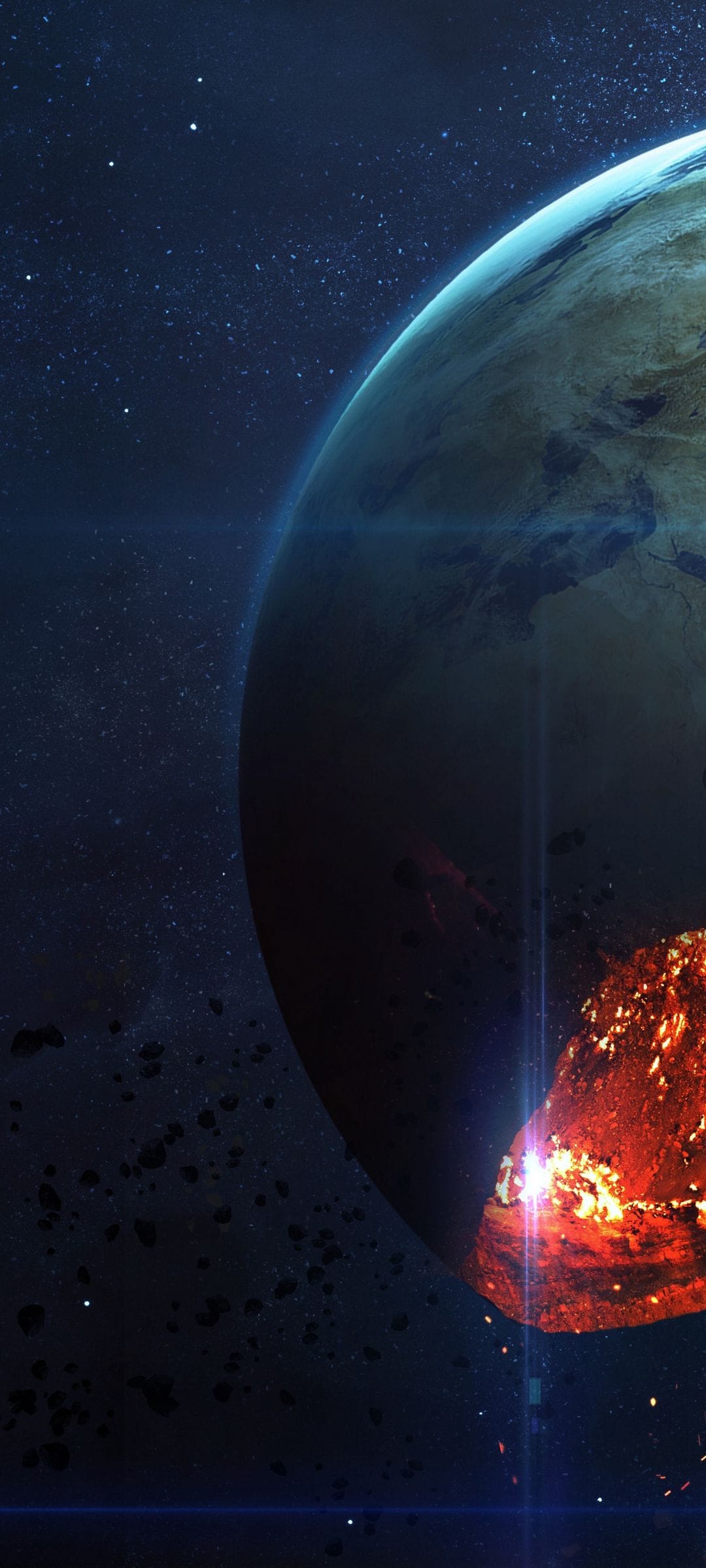 Molten planet shattering into burning fragments and rocky debris against a dark, star-filled cosmic background.