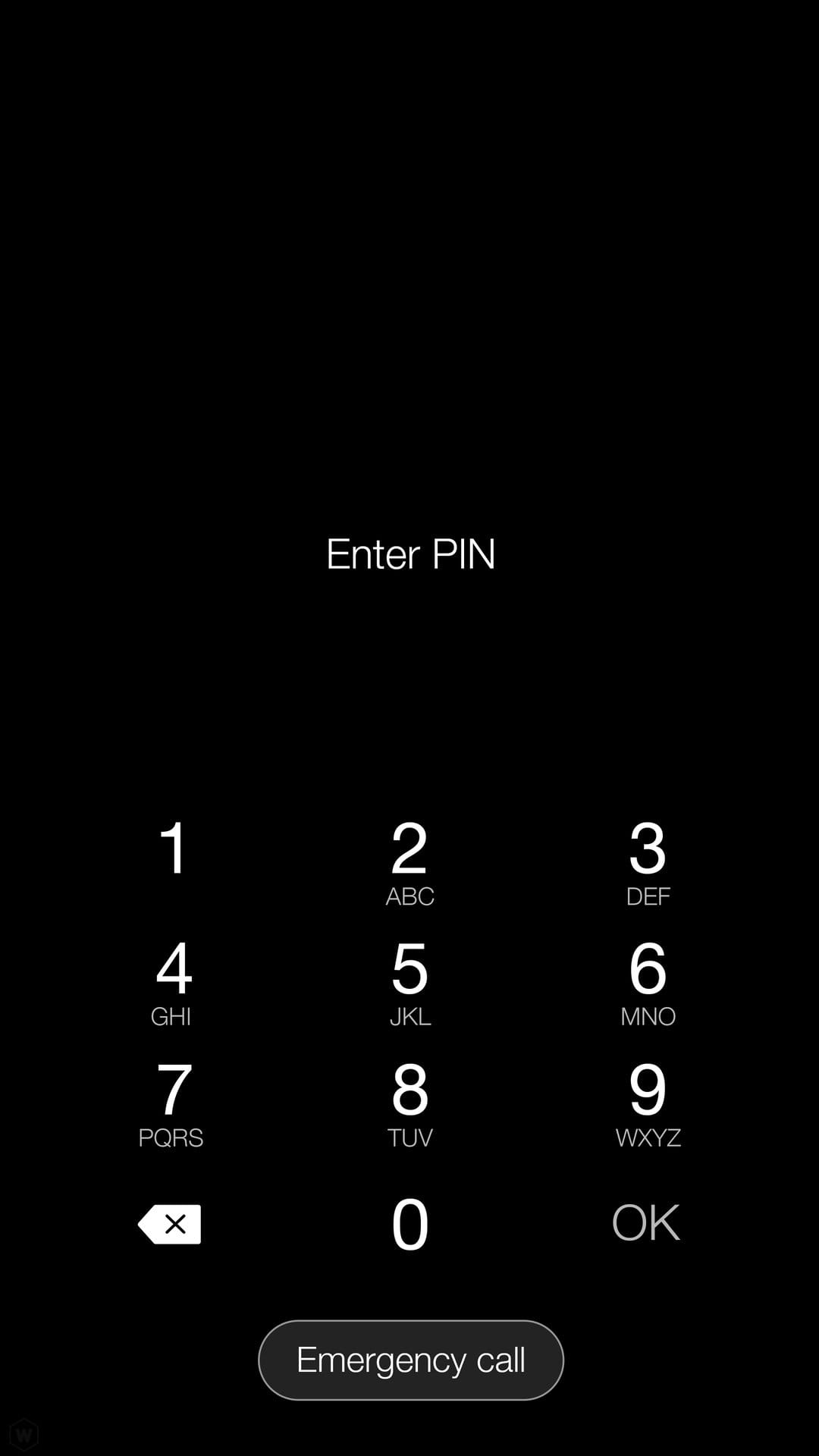 White numeric keypad on a black smartphone lock screen with an emergency call button at the bottom center.