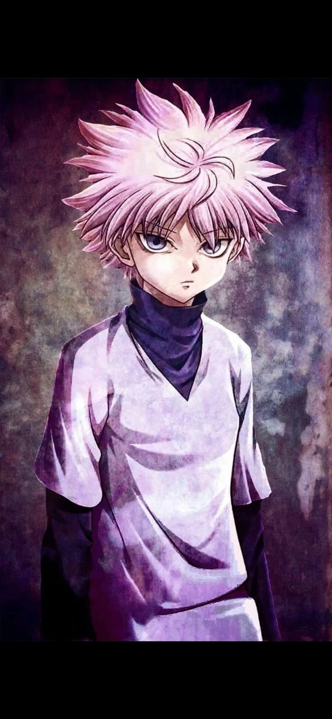 Killua Zoldyck with spiky pink hair and sharp blue eyes gazes forward against a dark, textured backdrop.