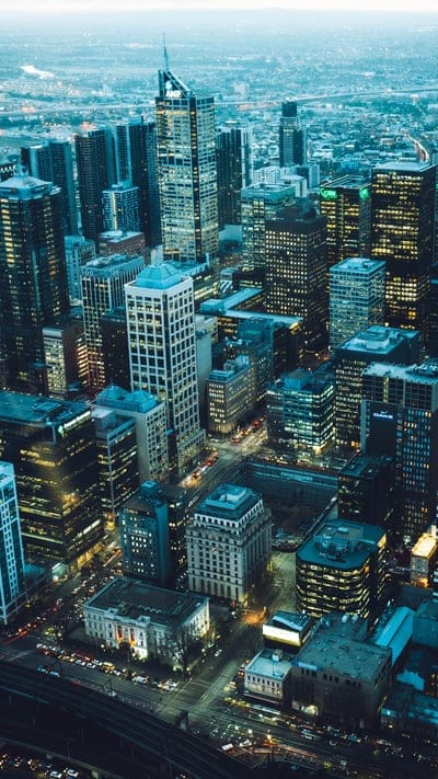 architecture, city lights, skyscrapers, twilight, urban, Melbourne, cityscape, downtown, buildings, cool tones, bird's-eye view, Australia, moody, dusk, metropolis, phone wallpaper, city life, traffic, blue, aerial view