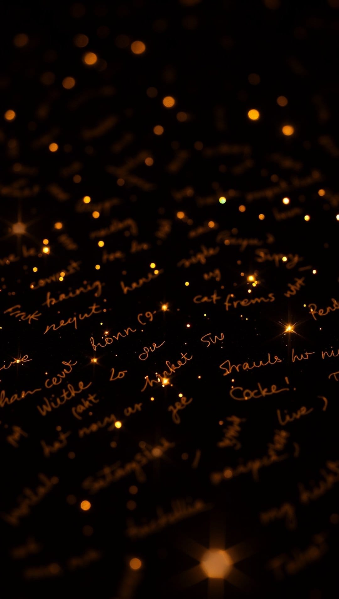 Handwritten golden words scattered over a dark background with soft orange bokeh lights and a glowing atmosphere.