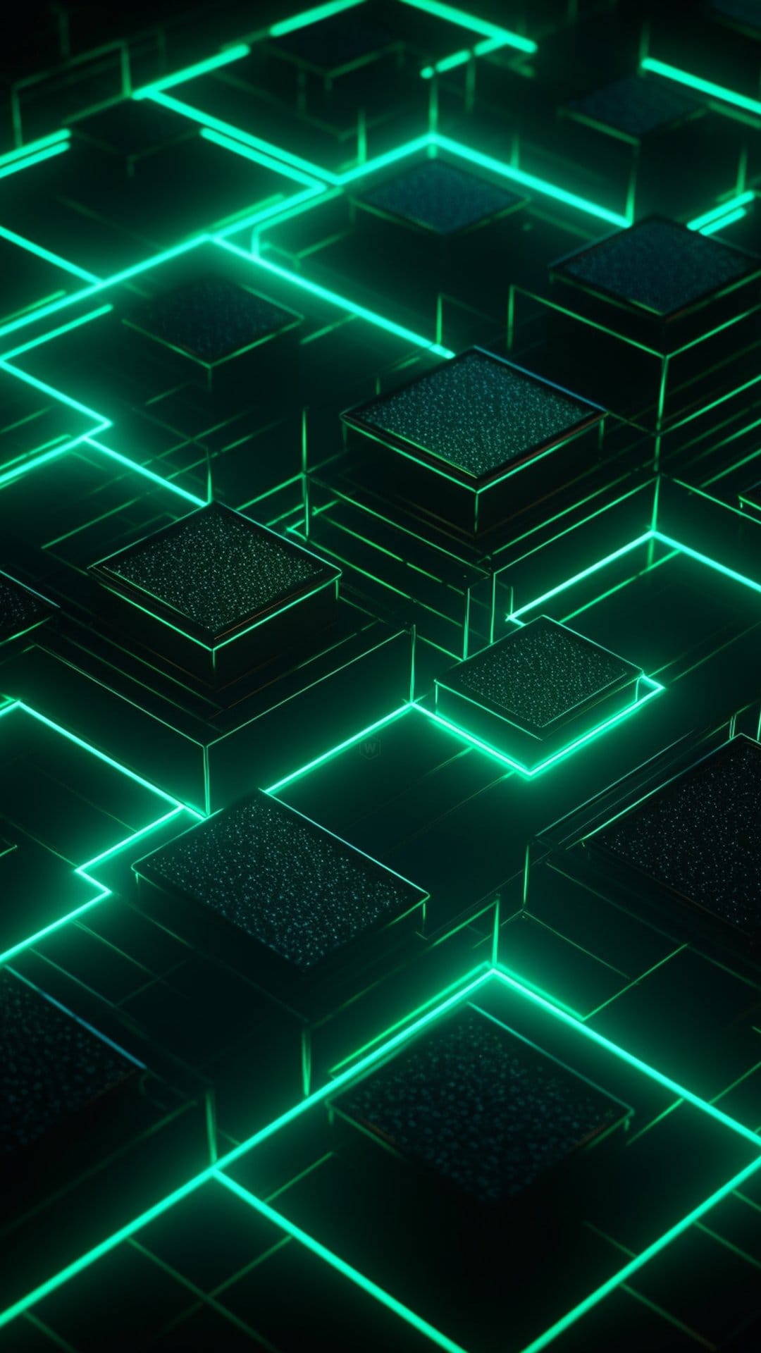 Elevated cubes with textured surfaces rest on a dark glowing green grid floor with sharp perspective lines.