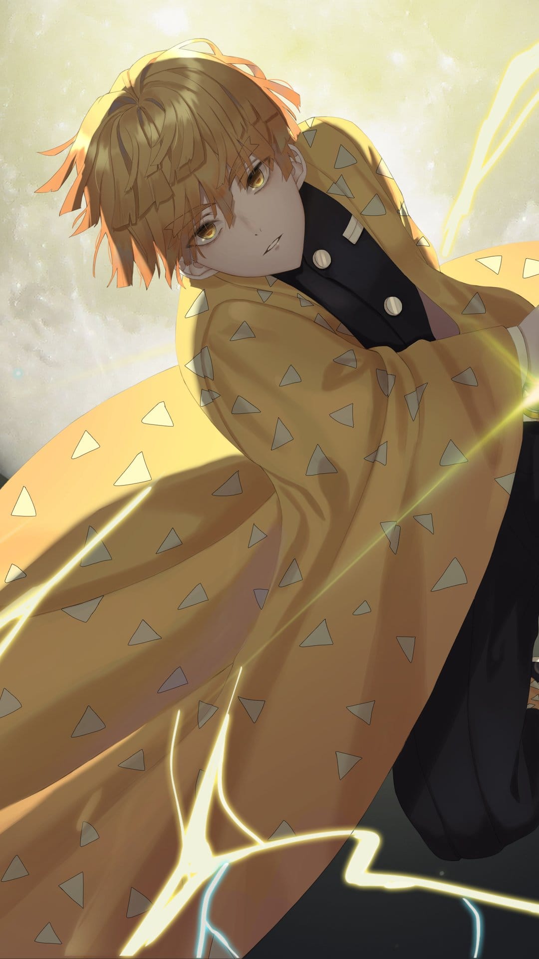 Zenitsu Agatsuma with yellow hair and haori surrounded by bright yellow lightning bolts and electric sparks.