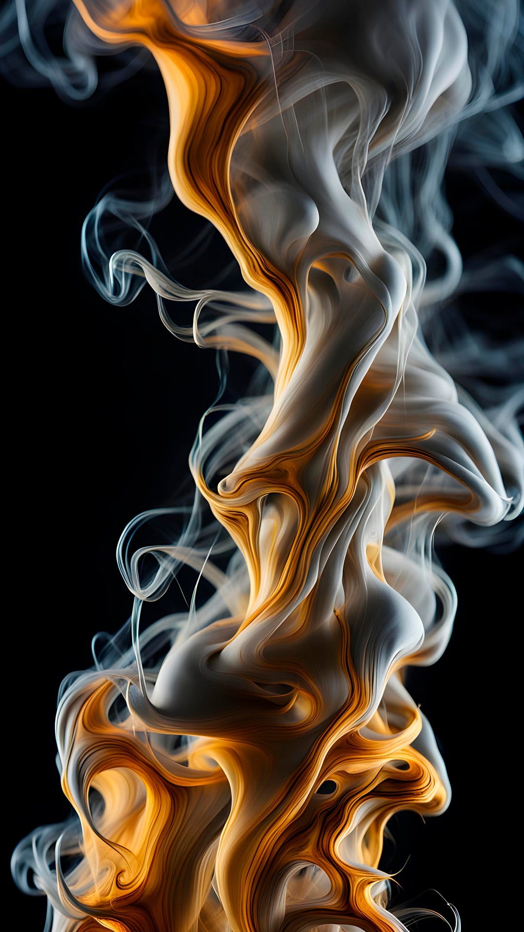Golden and white smoke plumes intertwine against a solid black backdrop in a vertical, fluid motion.