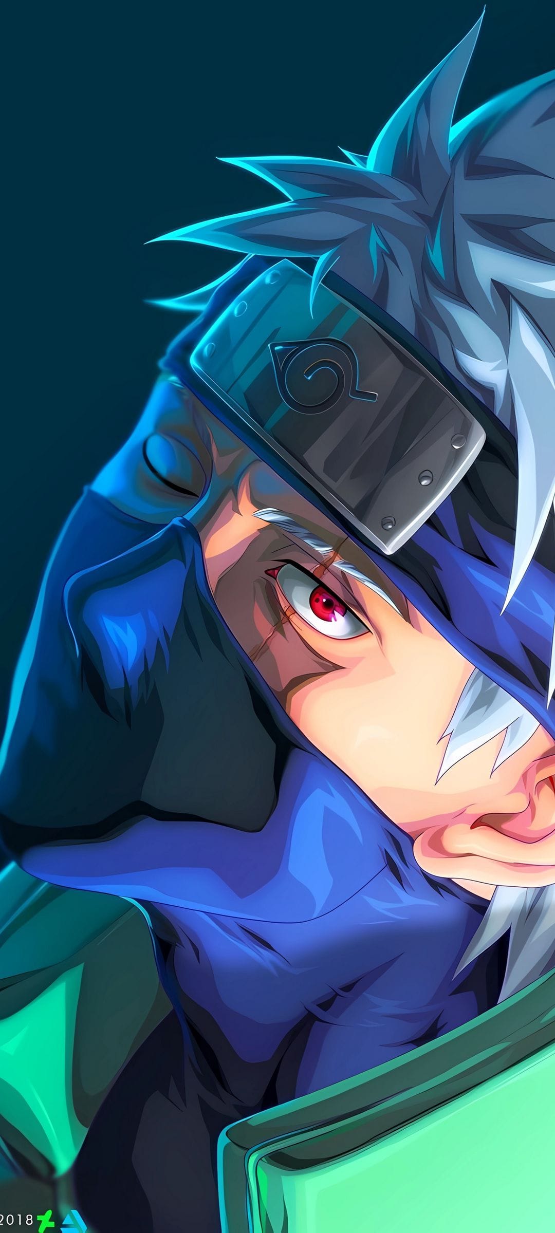 Kakashi Hatake shows a glowing red Sharingan eye with black tomoe marks while wearing a dark navy face mask.