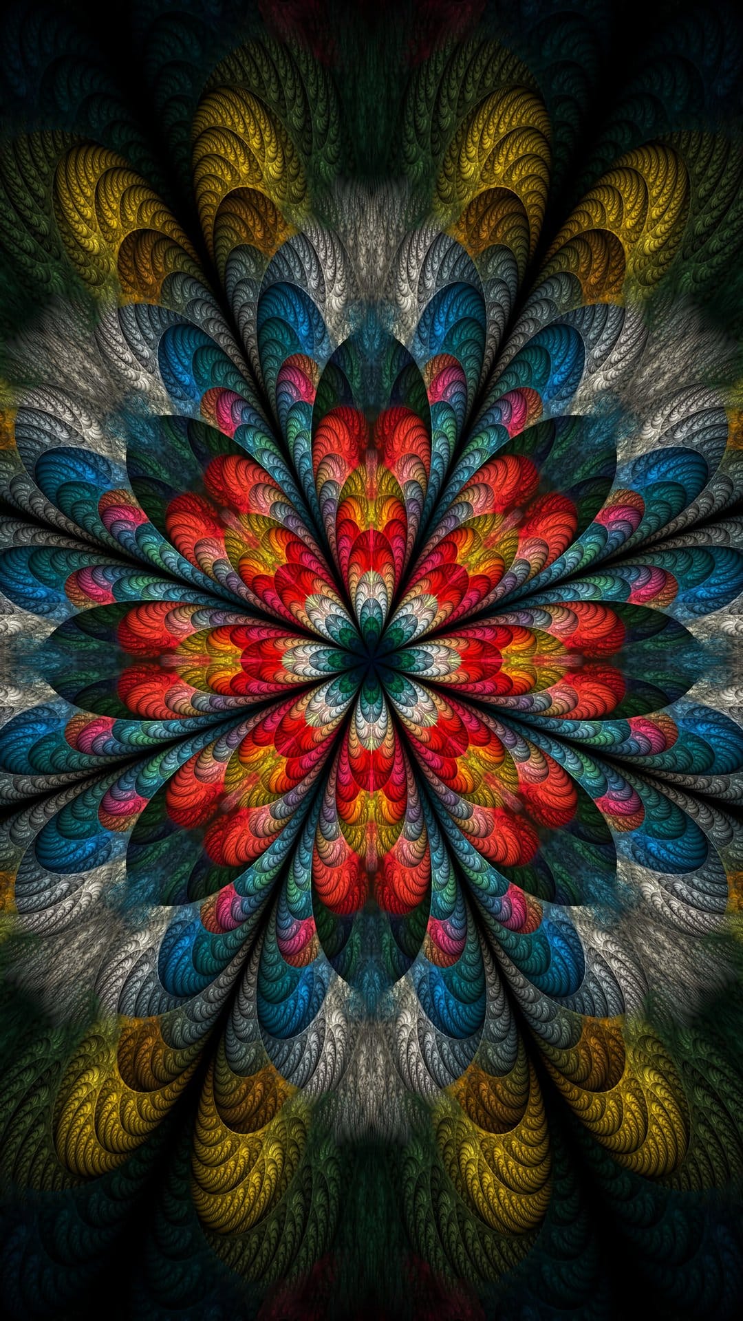 Radiant fractal bloom with layered petals in crimson and emerald, featuring intricate geometric spiral details.