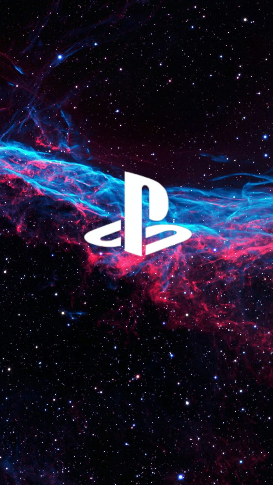 White PlayStation logo centered over a vibrant nebula of pink and blue gas clouds with scattered bright stars.