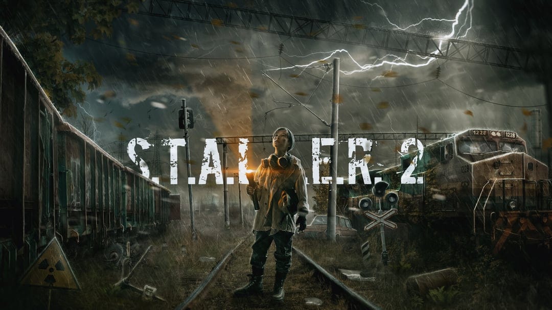 Survivor standing on train tracks between rusted rail cars under a stormy sky with lightning and a tornado.