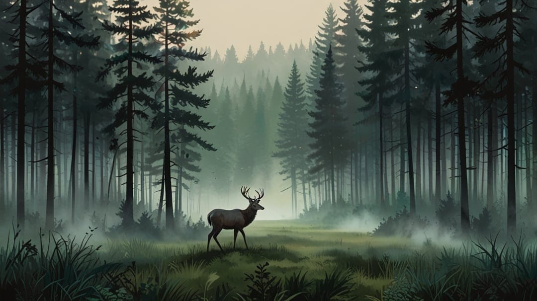 Antlered deer standing in a foggy clearing of a coniferous forest with tall evergreen trees and rolling mist.