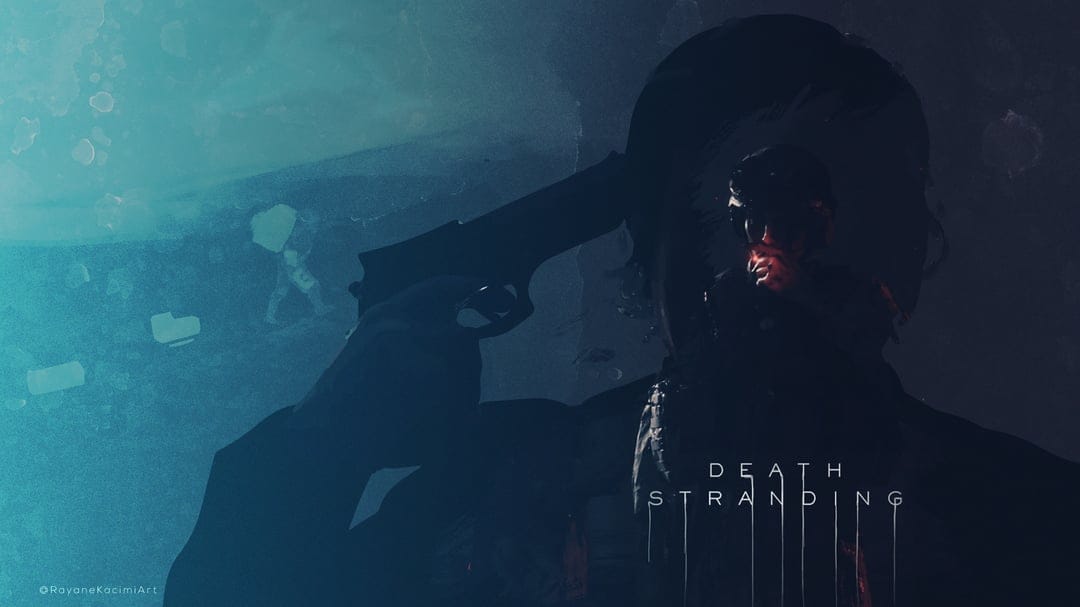 Silhouette of Sam Bridges with Cliff Unger smoking inside, Death Stranding title on a teal textured background.