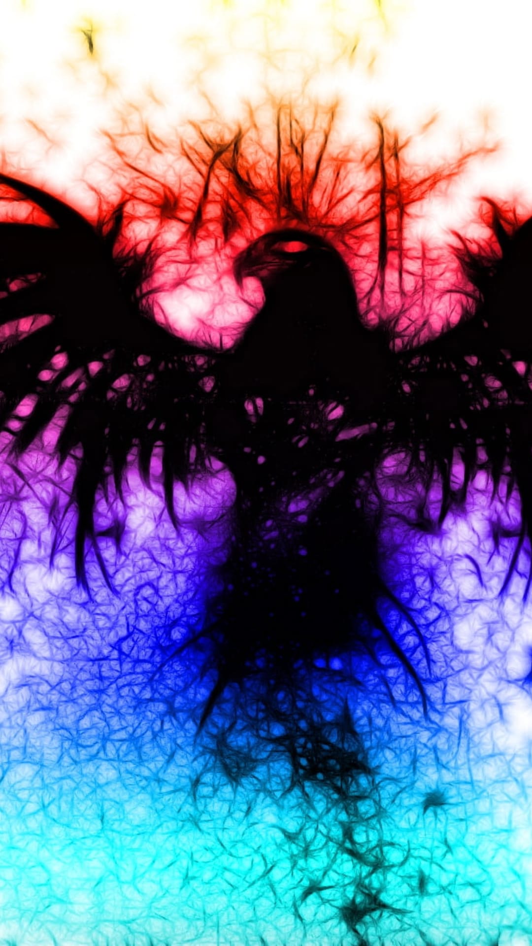 Phoenix silhouette with glowing neon wings against a fiery red and electric blue fractal pattern background.
