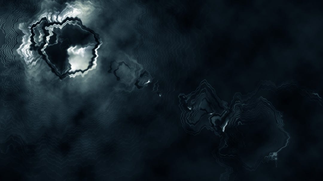 Obsidian smoke clouds swirl through a dark void while being pierced by intense white light and radiant glows.