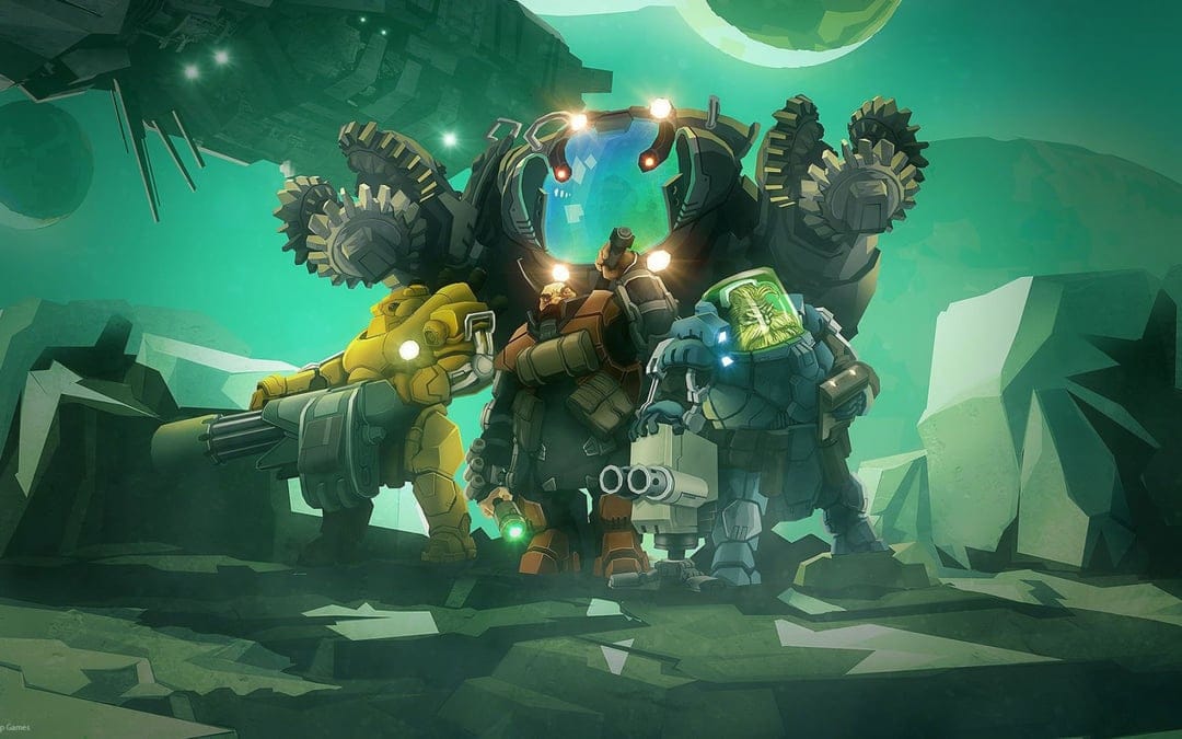 Armored space dwarves stand before a giant mechanical drill on a green alien planet with a moon and ship.
