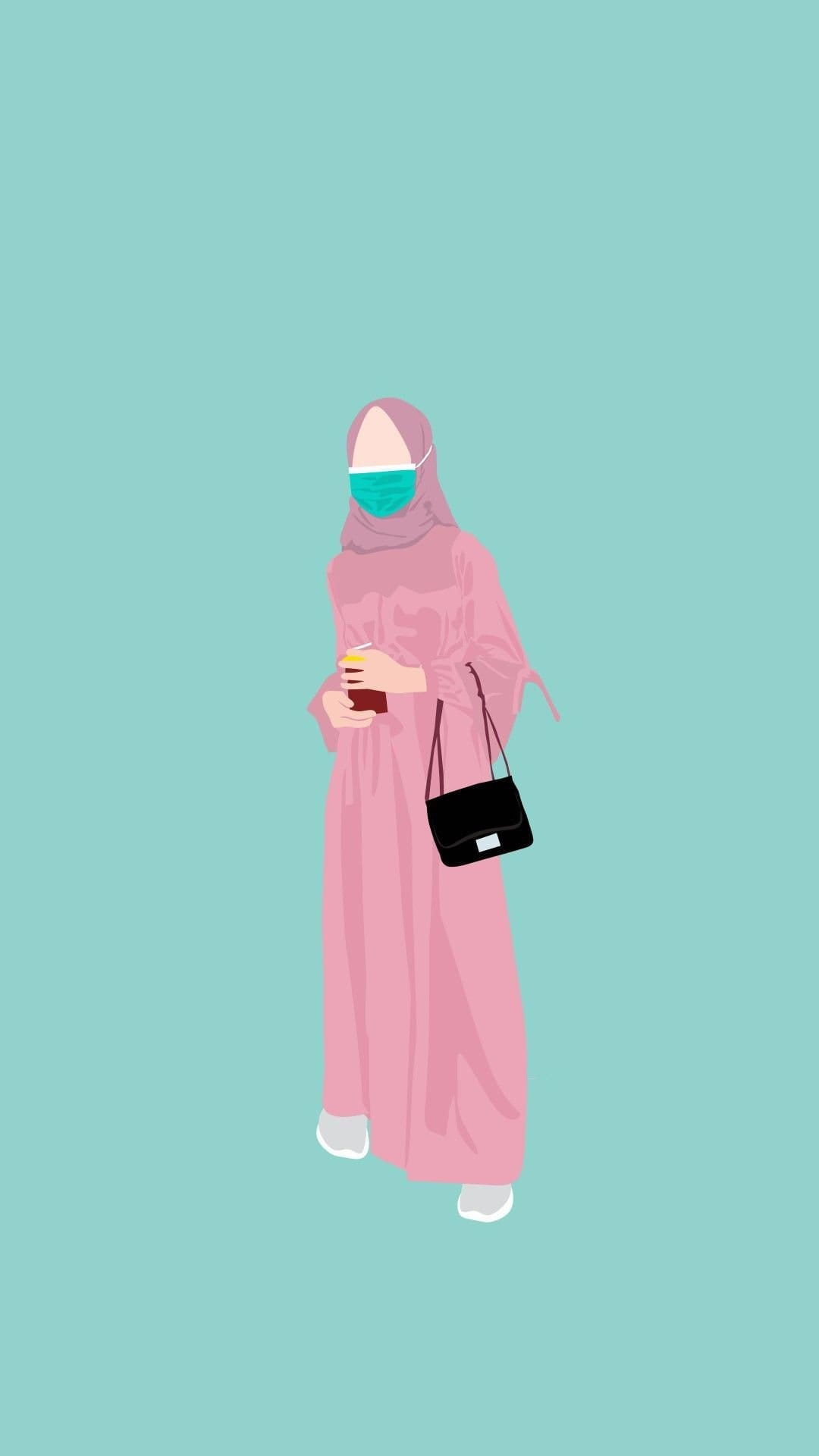 Woman wearing a pink hijab, teal mask, and rose abaya holds a coffee cup against a solid turquoise background.