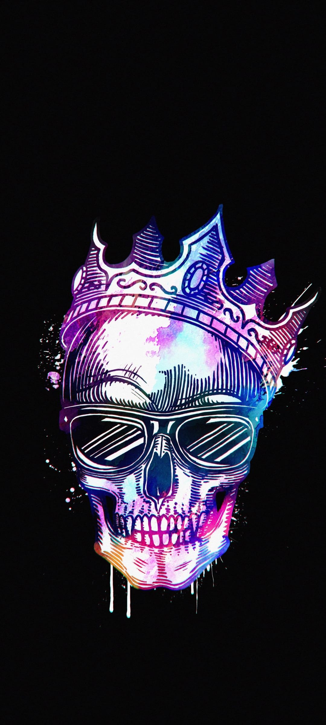 Skull wearing a gold crown and black sunglasses with neon pink and blue watercolor splashes on black background.