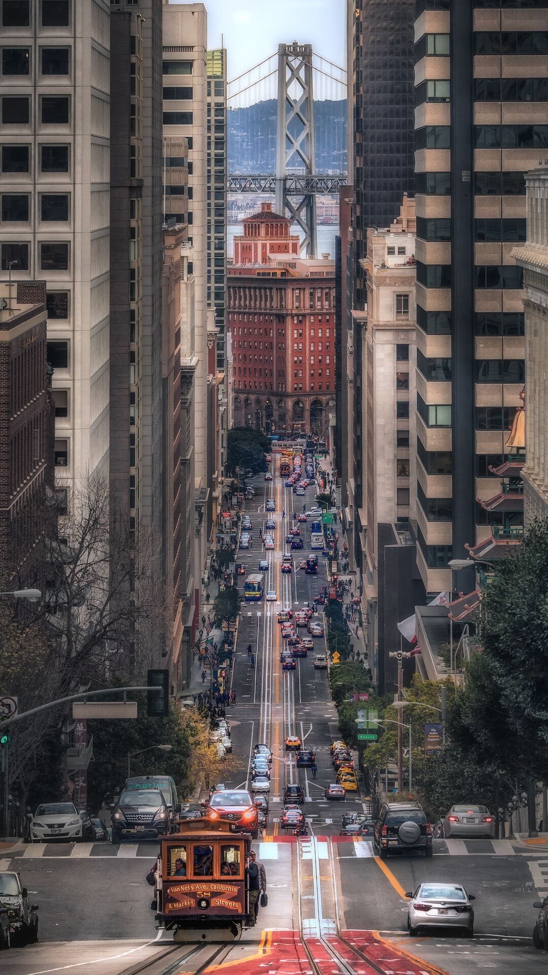 Vintage cable car descends a steep urban street with the Bay Bridge and water visible in the distant background.