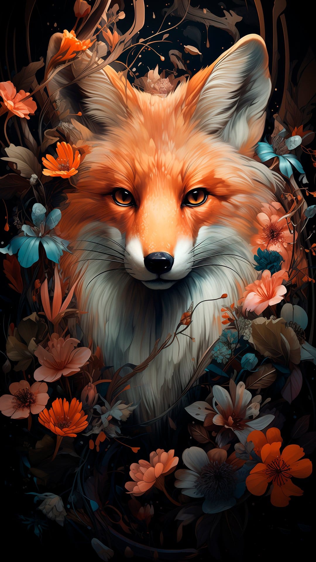 Orange fox with amber eyes nestled in a garden of blue and white flowers against a dark, moody background.
