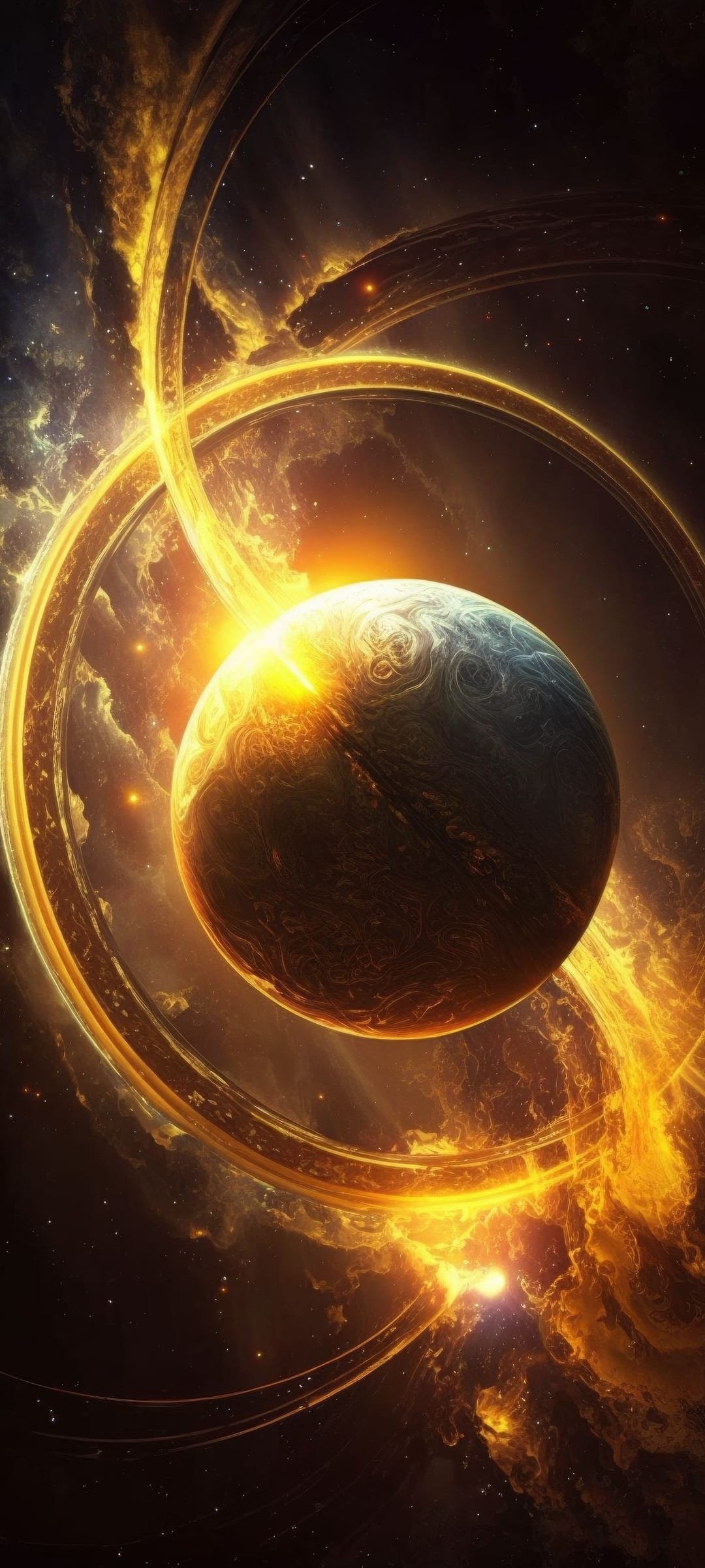Golden ringed planet floating amidst purple nebula clouds and bright starlight in a dark, star-filled space.