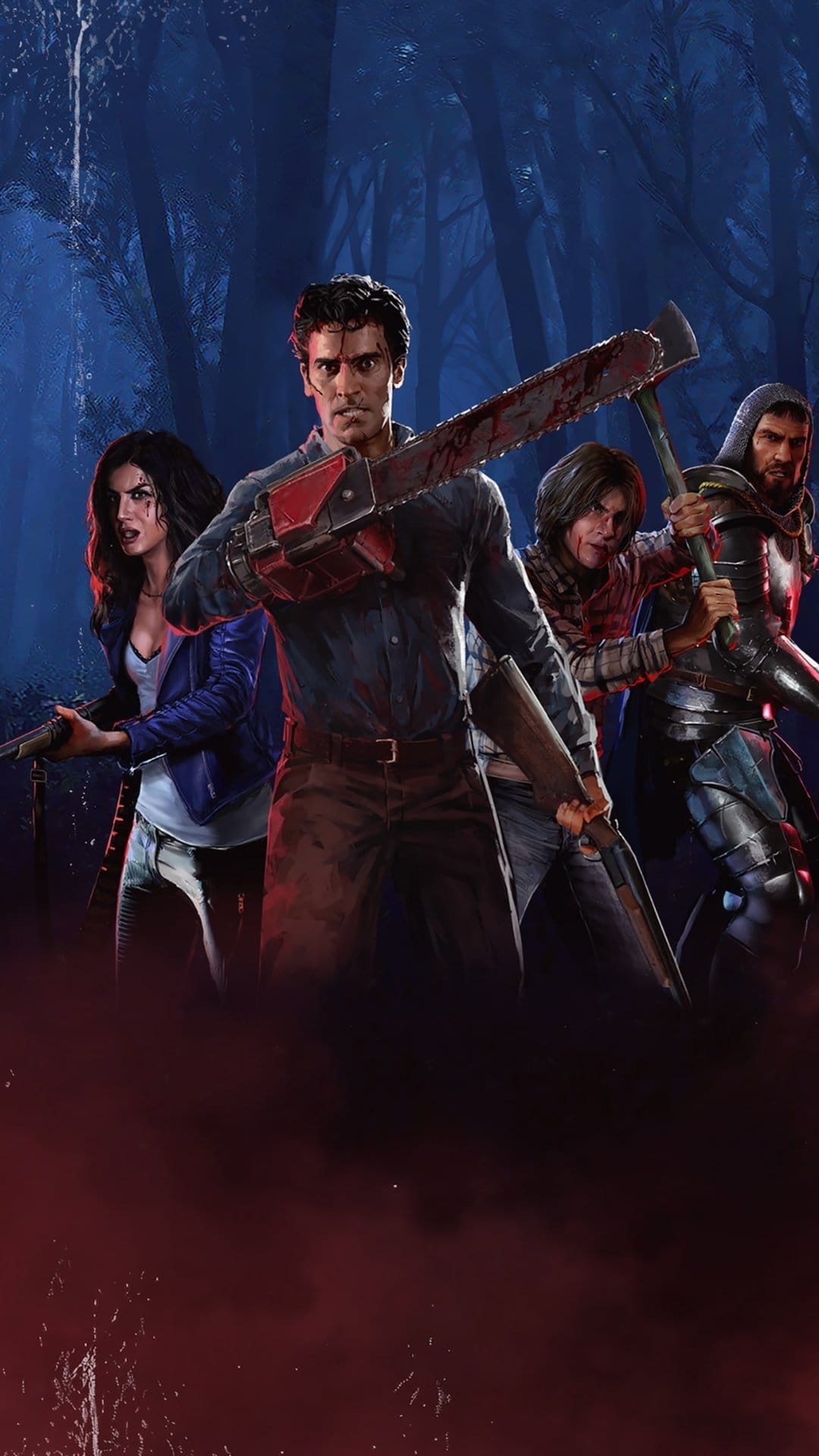 Ash Williams raises a chainsaw hand and shotgun while leading survivors through a dark, misty forest.