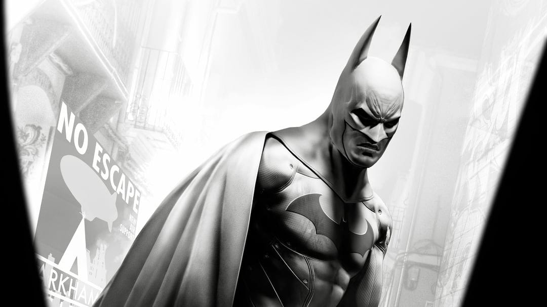 Batman in a tactical suit stands against a gritty Arkham City backdrop with a No Escape poster in monochrome.