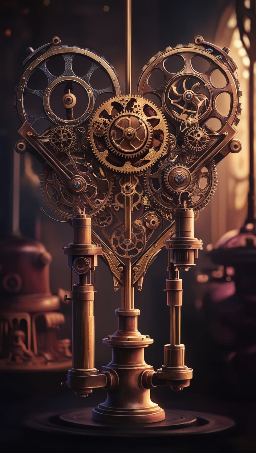 Brass heart-shaped mechanical device with interlocking gears, copper cogs, and complex clockwork components.
