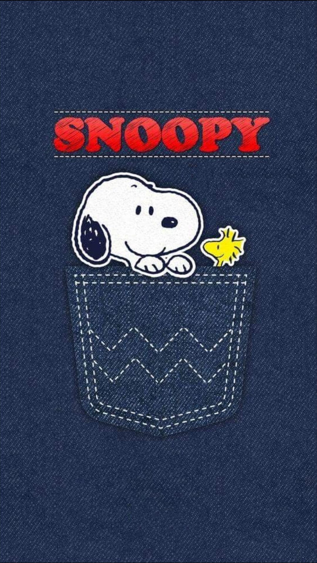 Snoopy and Woodstock peek out from a blue denim pocket under red text on this high-resolution phone background.