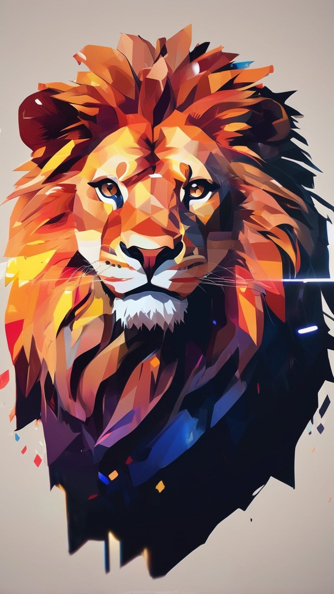 Lion head composed of faceted orange and purple triangles with intense yellow eyes on a neutral backdrop.