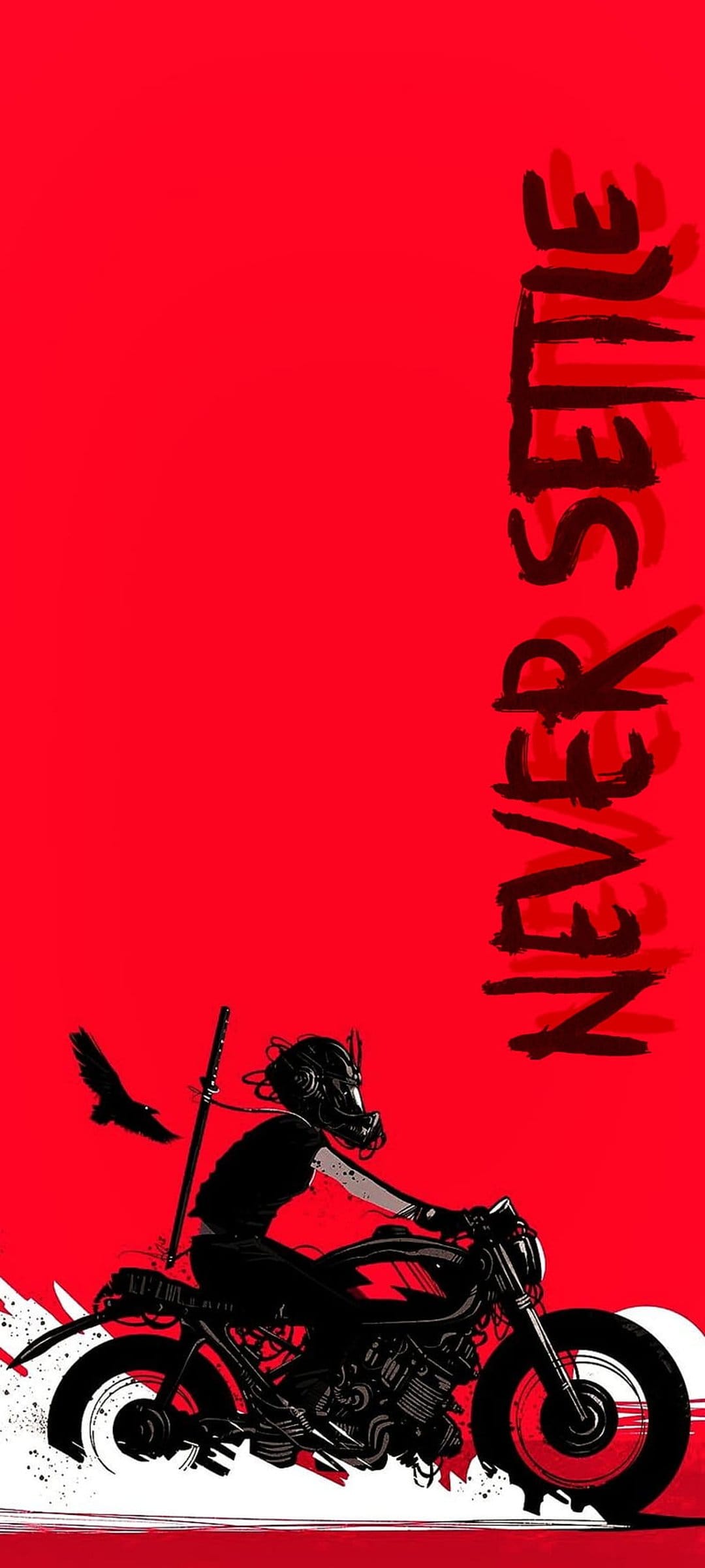 Biker in a gas mask rests on a motorcycle with a sword and raven against a red background with black text.