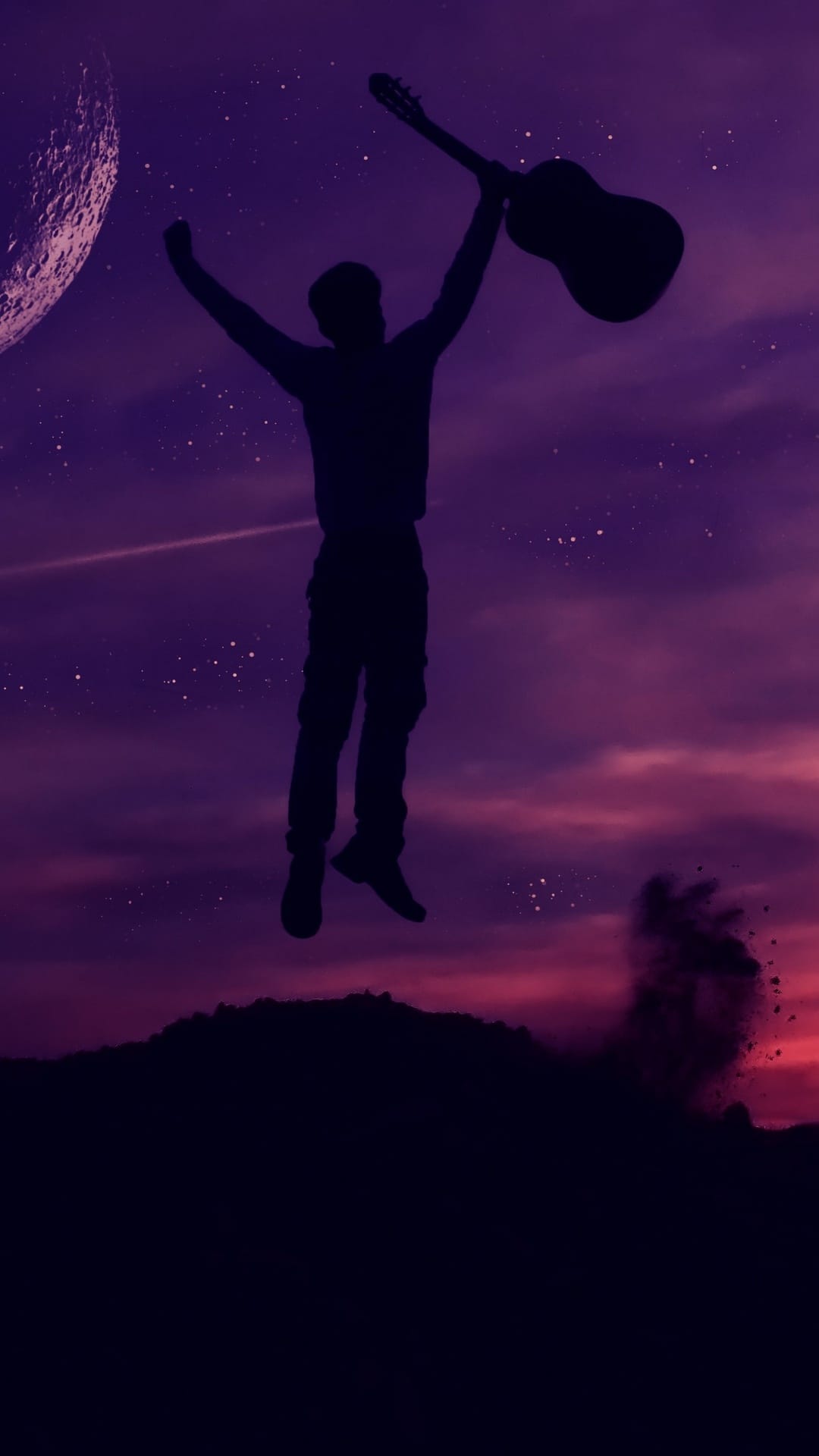 Silhouette of a person jumping with a guitar against a purple star-filled sky and a thin crescent moon.