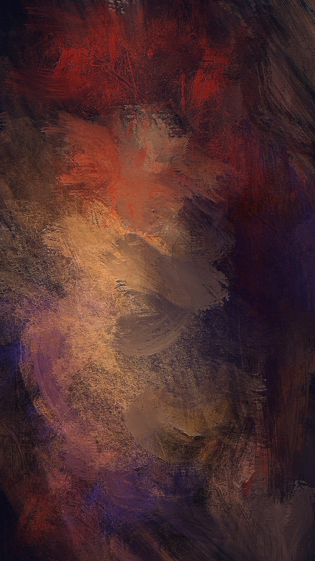 Deep red and brown impasto brushstrokes swirl across a textured surface with hints of purple and orange.