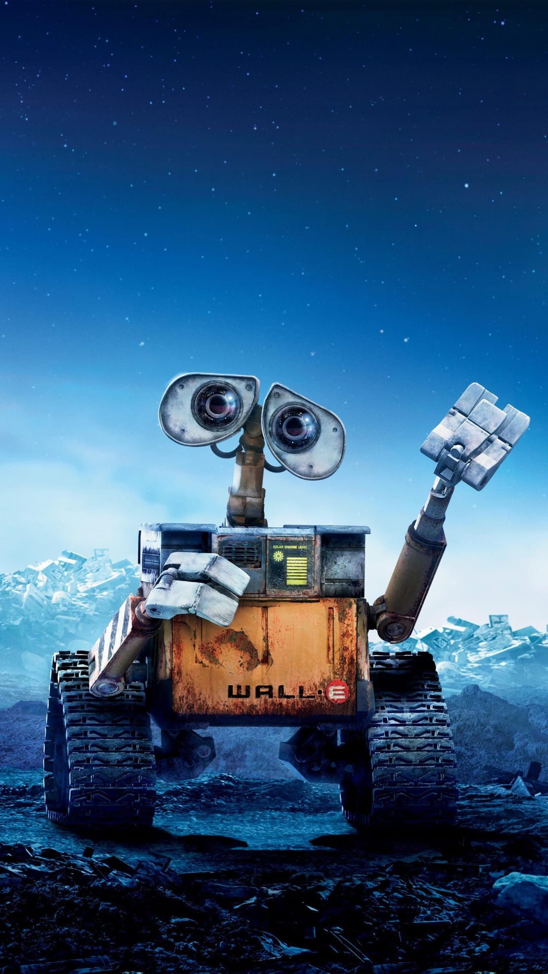WALL-E the robot standing on a rocky surface under a detailed starry night sky with bright constellations.