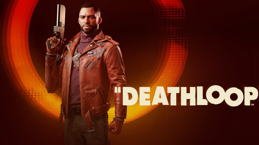 Colt Vahn in a brown leather jacket holding a gun against an orange circular glow with Deathloop text.