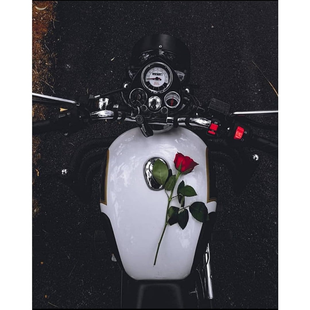 Red rose blossom sits on a white vintage motorcycle fuel tank with a dark, moody background in top-down view.