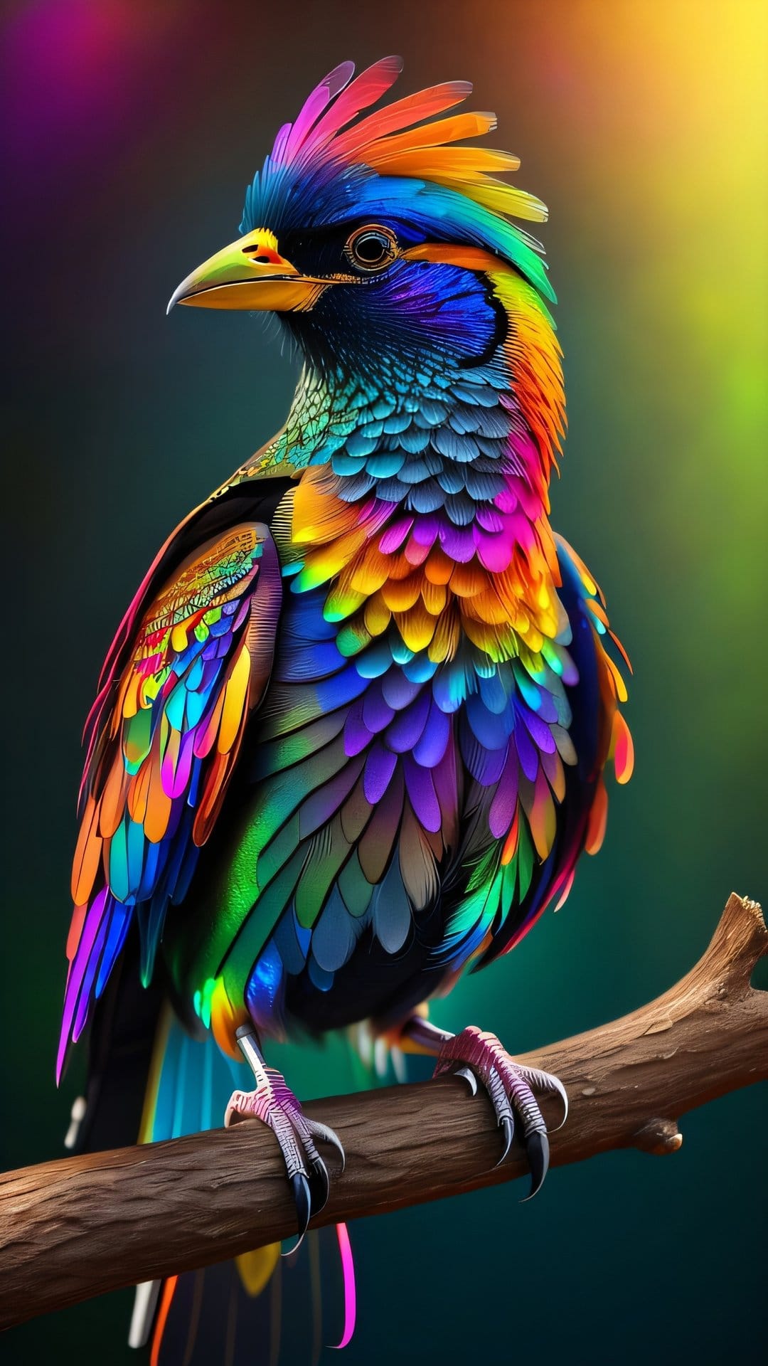 Rainbow-feathered bird with a prominent crest perches on a wooden branch against a blurred forest background.