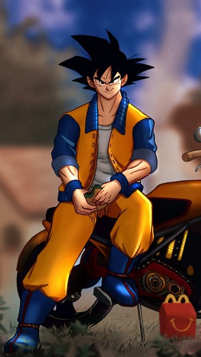 motorcycle, Dragon Ball, anime, casual, Goku, everyday life, slice of life, fan art, happy meal, character, whimsical, unique art, orange jacket, blue jacket, relaxing, street clothes