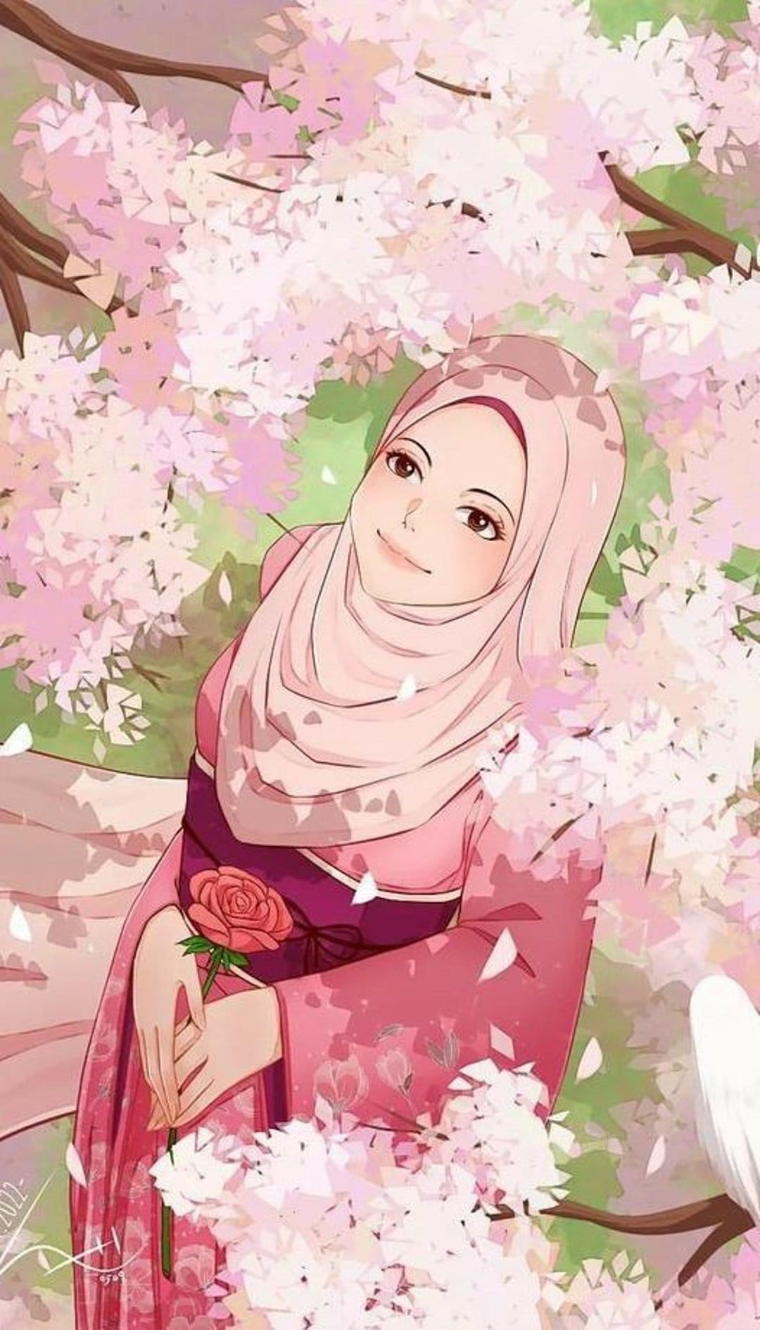 Young woman in a pink hijab holds a rose as cherry blossom petals fall around her in a sunny spring garden.