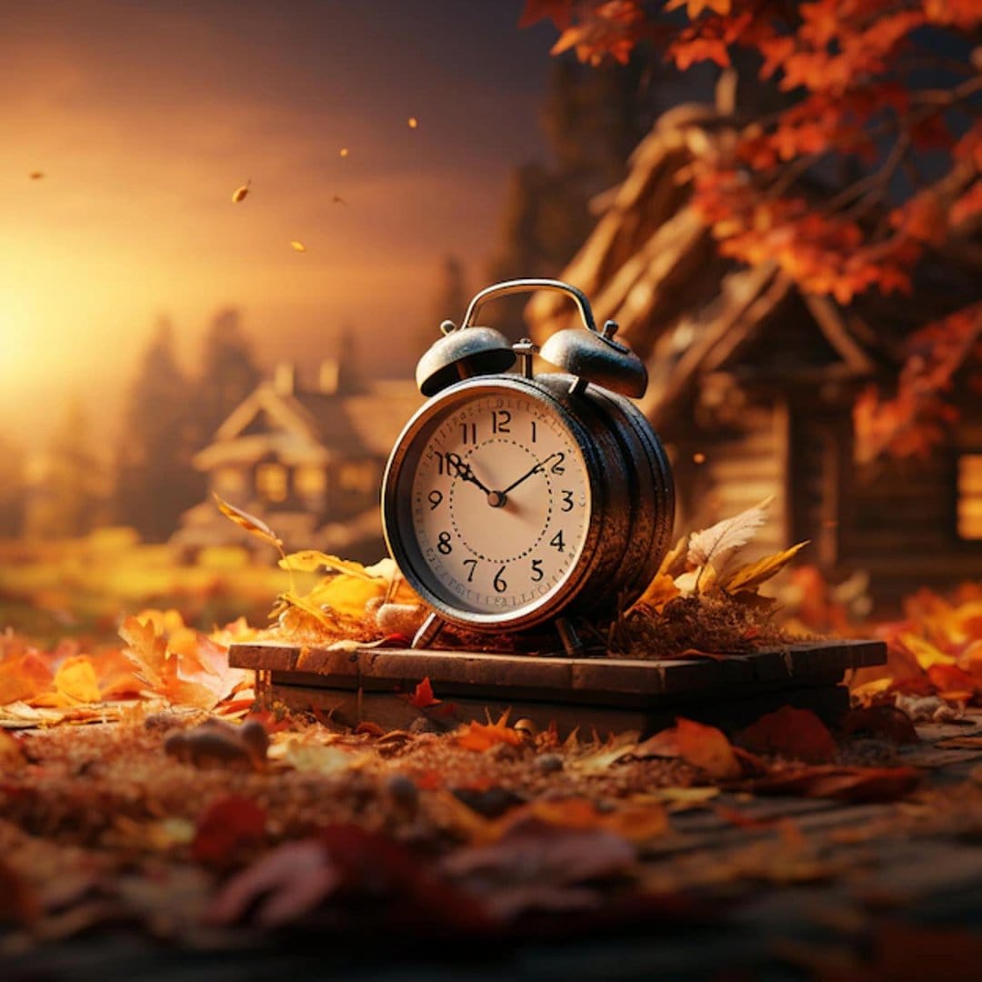 Vintage twin-bell alarm clock on a wooden surface with autumn leaves and a glowing rustic cabin at sunset.
