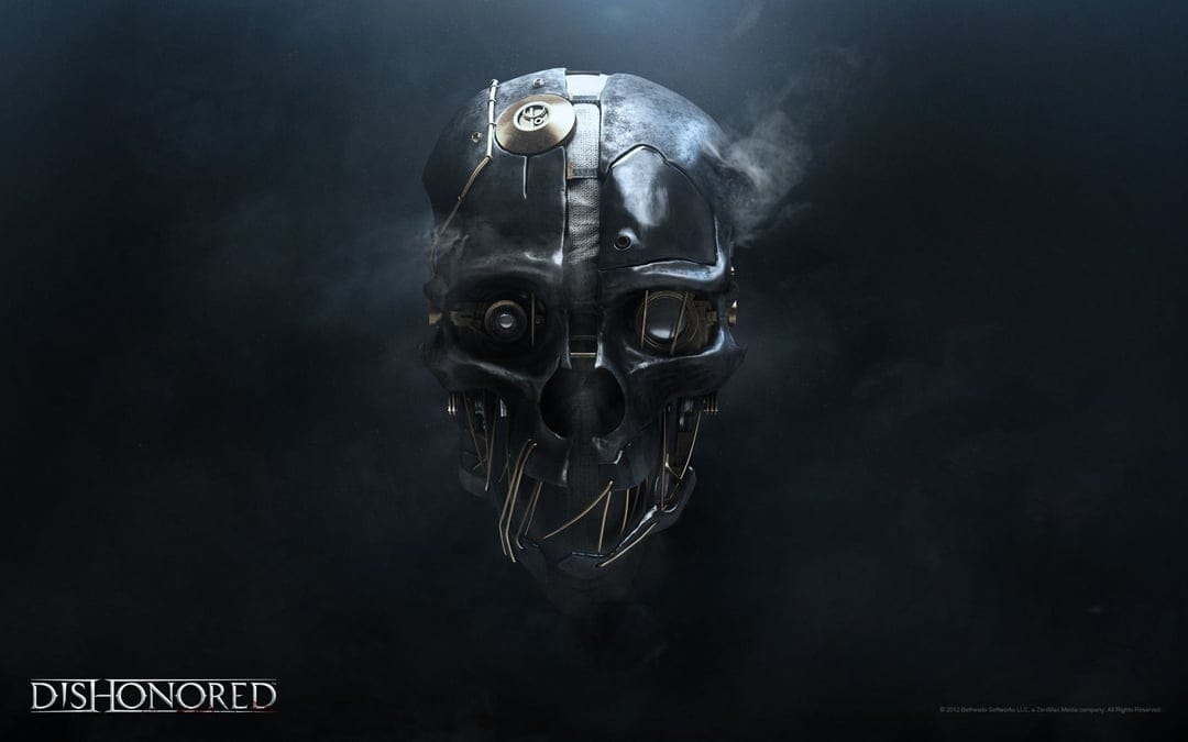 Mechanical skull mask with brass gears and wires against a dark smoky background in a cinematic style.