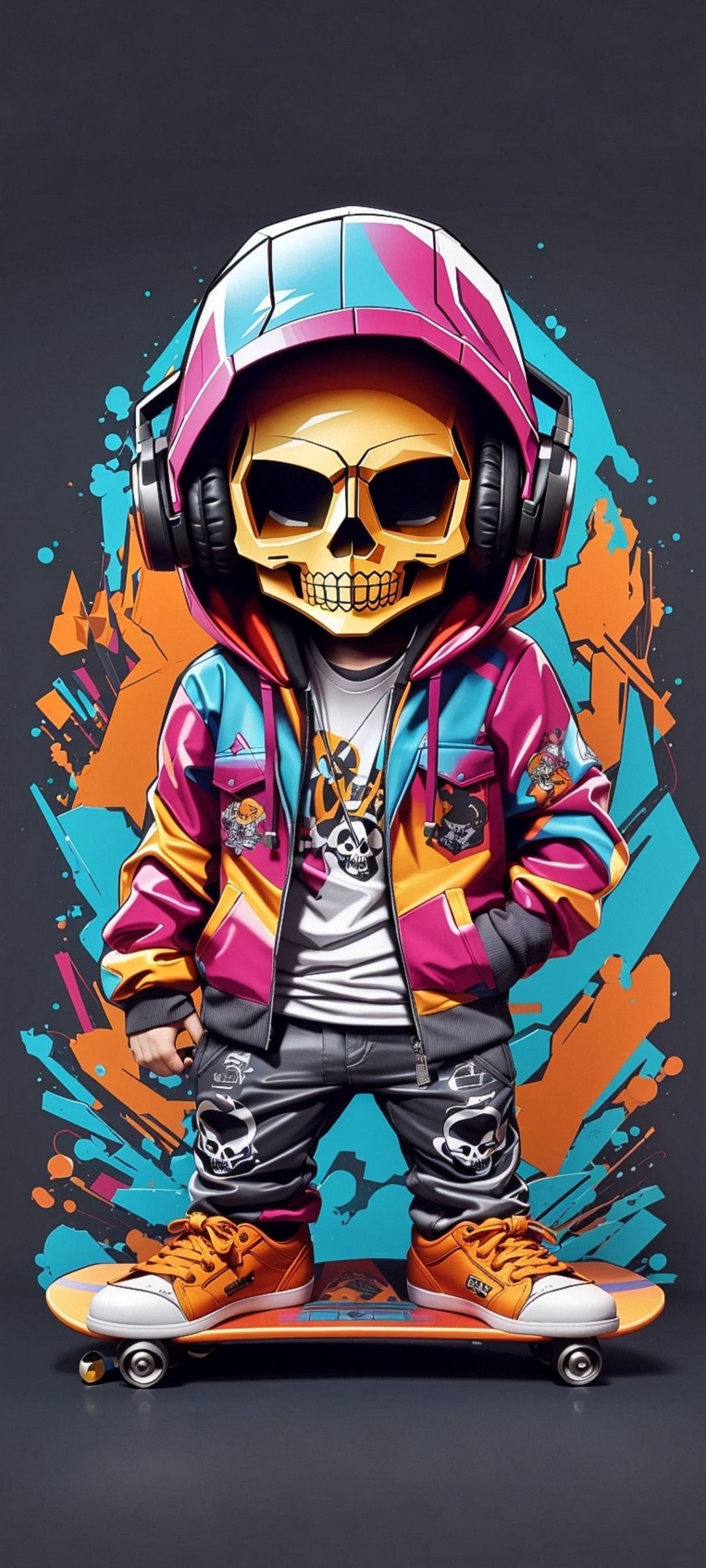 Skeleton skater in a hoodie and sneakers stands on a skateboard before a wall of vibrant urban graffiti art.
