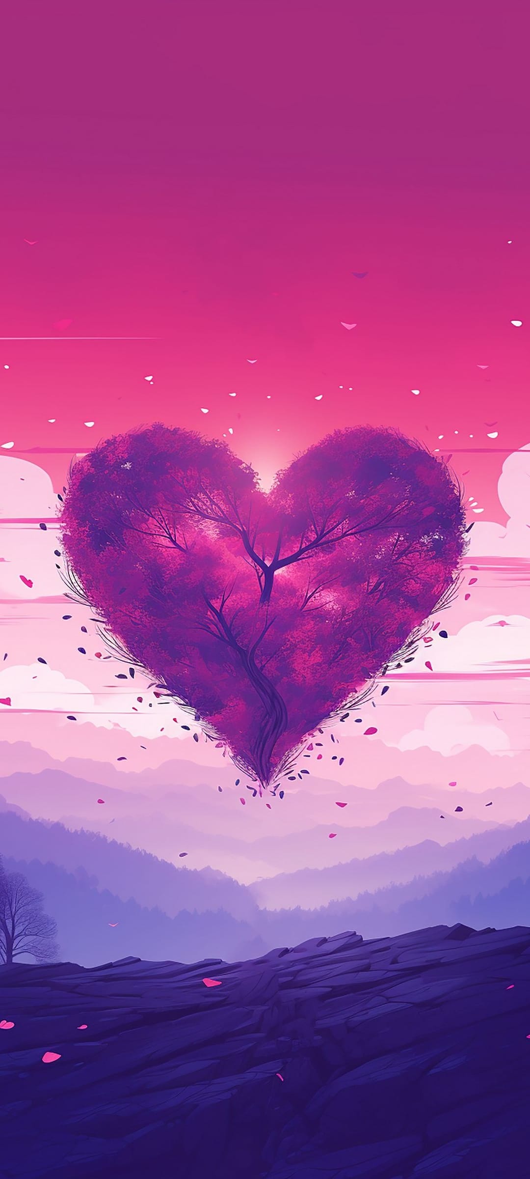 Heart-shaped tree with purple leaves floats over blue misty mountains under a pink and violet gradient sky.