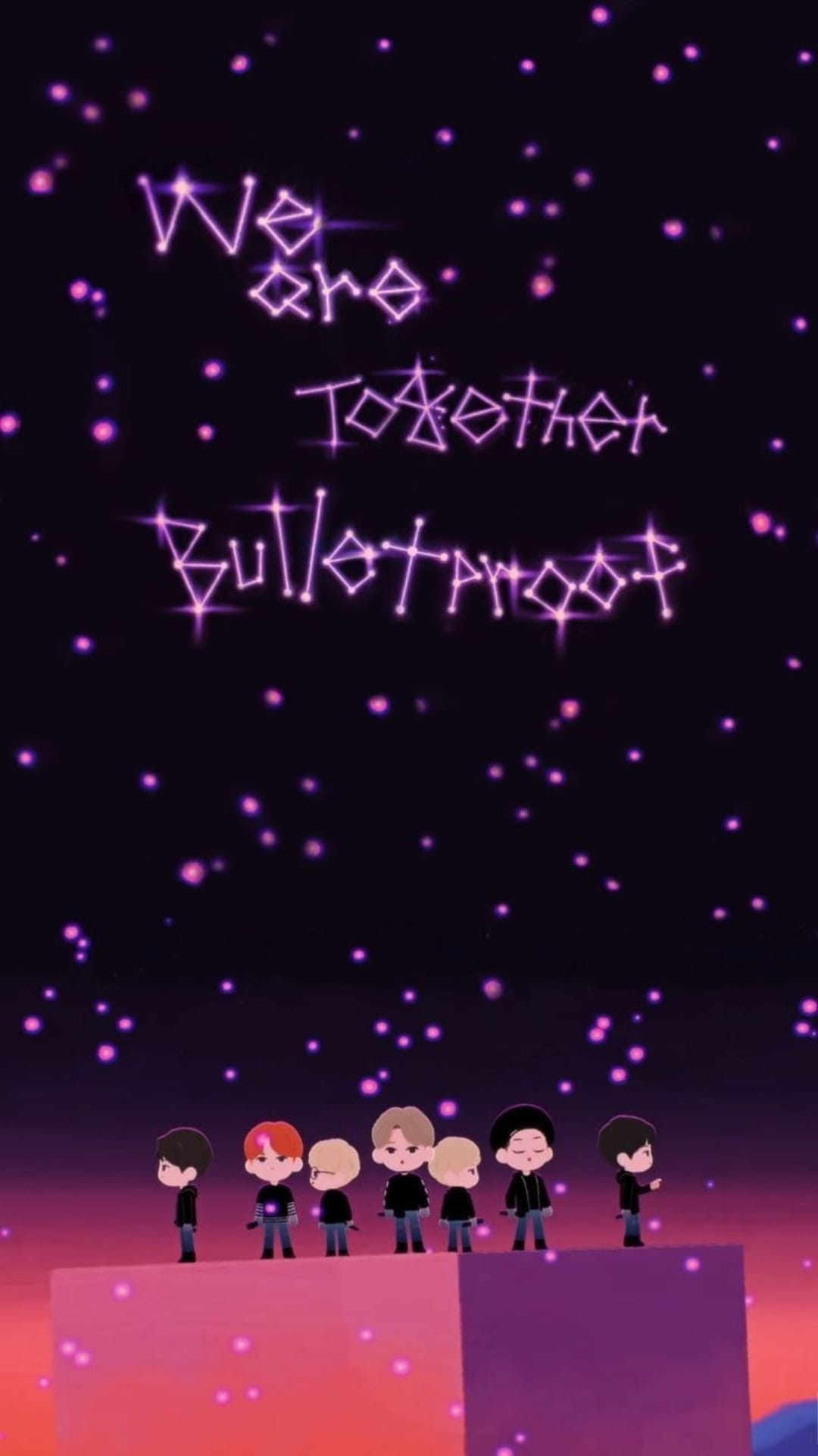 Seven small BTS members stand together under a purple starry sky with glowing neon text above them.