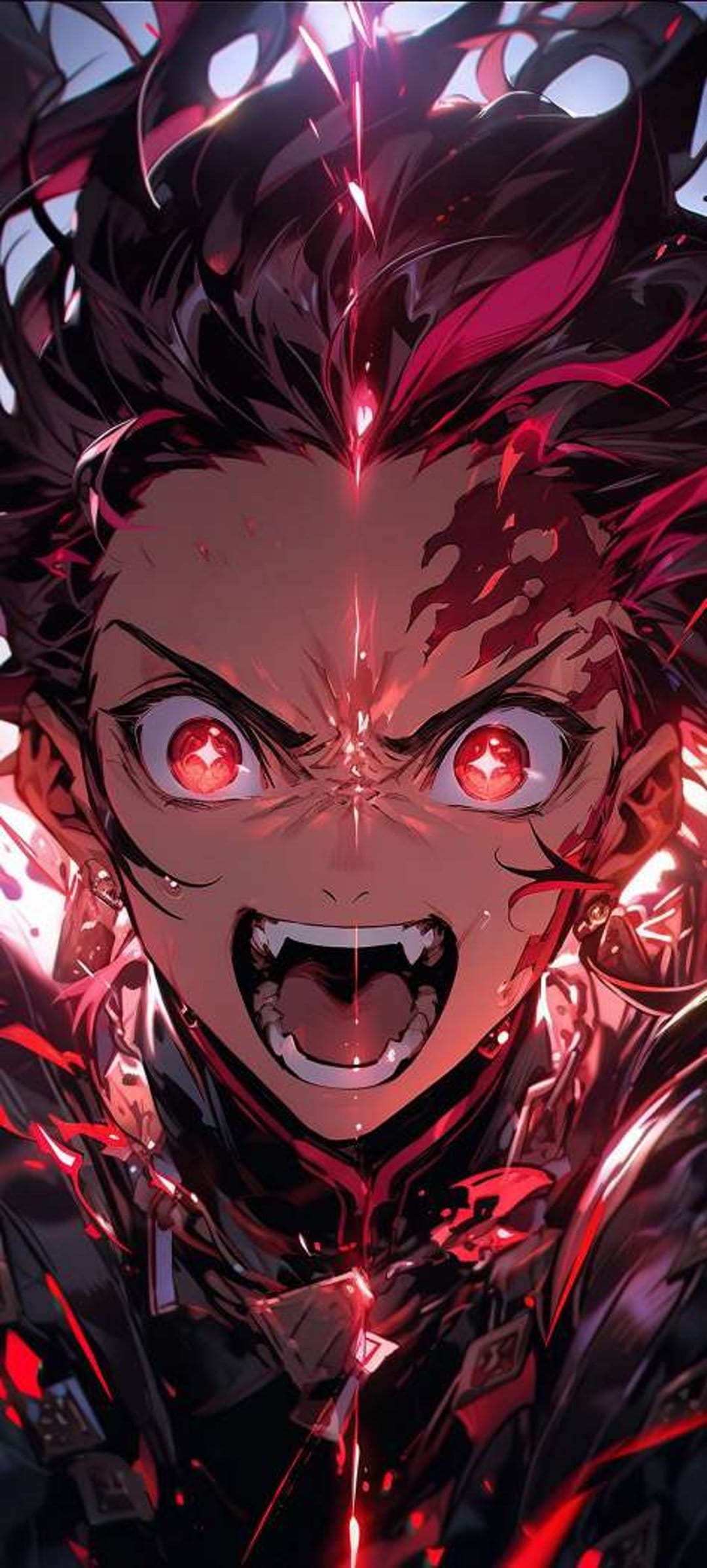 Sharp-fanged anime character with glowing crimson eyes, spiky dark hair, and red accents on a black outfit.